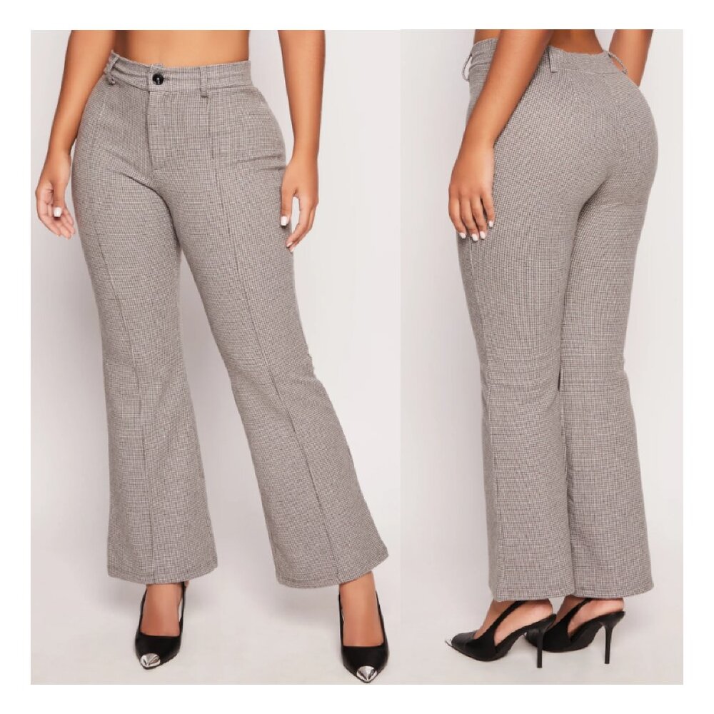Rainbow Gray Houndstooth Office Wide Leg Boot Cut High Waisted Pants Size L NWT